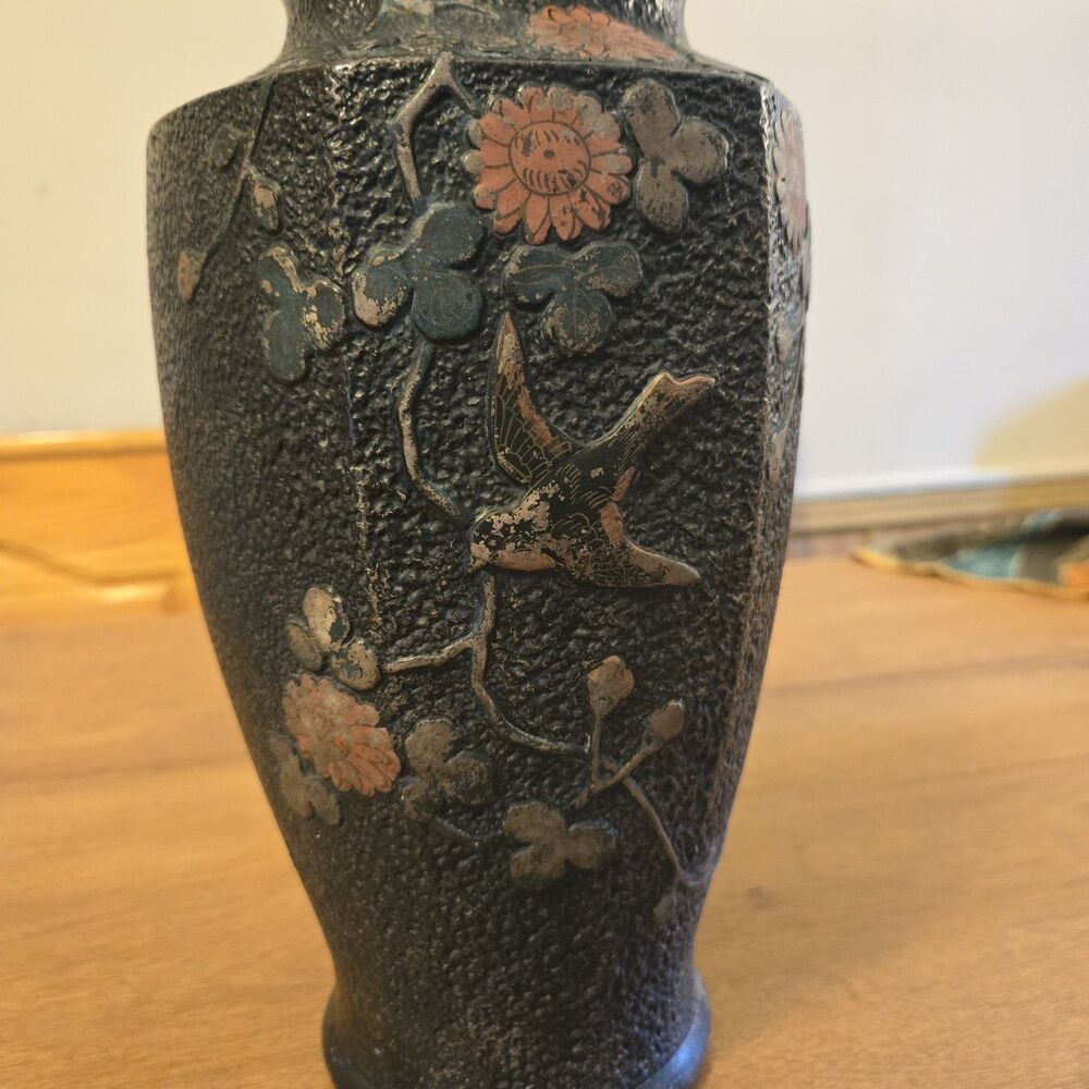 Antique Vtg Japanese Tokanabe Black Vase Hand Painted Floral Bird 1920, 10" Tall - Picture 3 of 8
